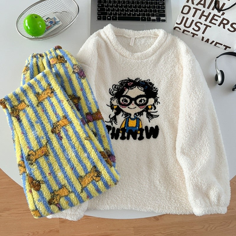 2pcs/Set Pajamas Korean Cute Dog Thickened Warm Fall And Winter Women's Pajamas Long-Sleeved Long Pants Set Sweet New Sleepwear