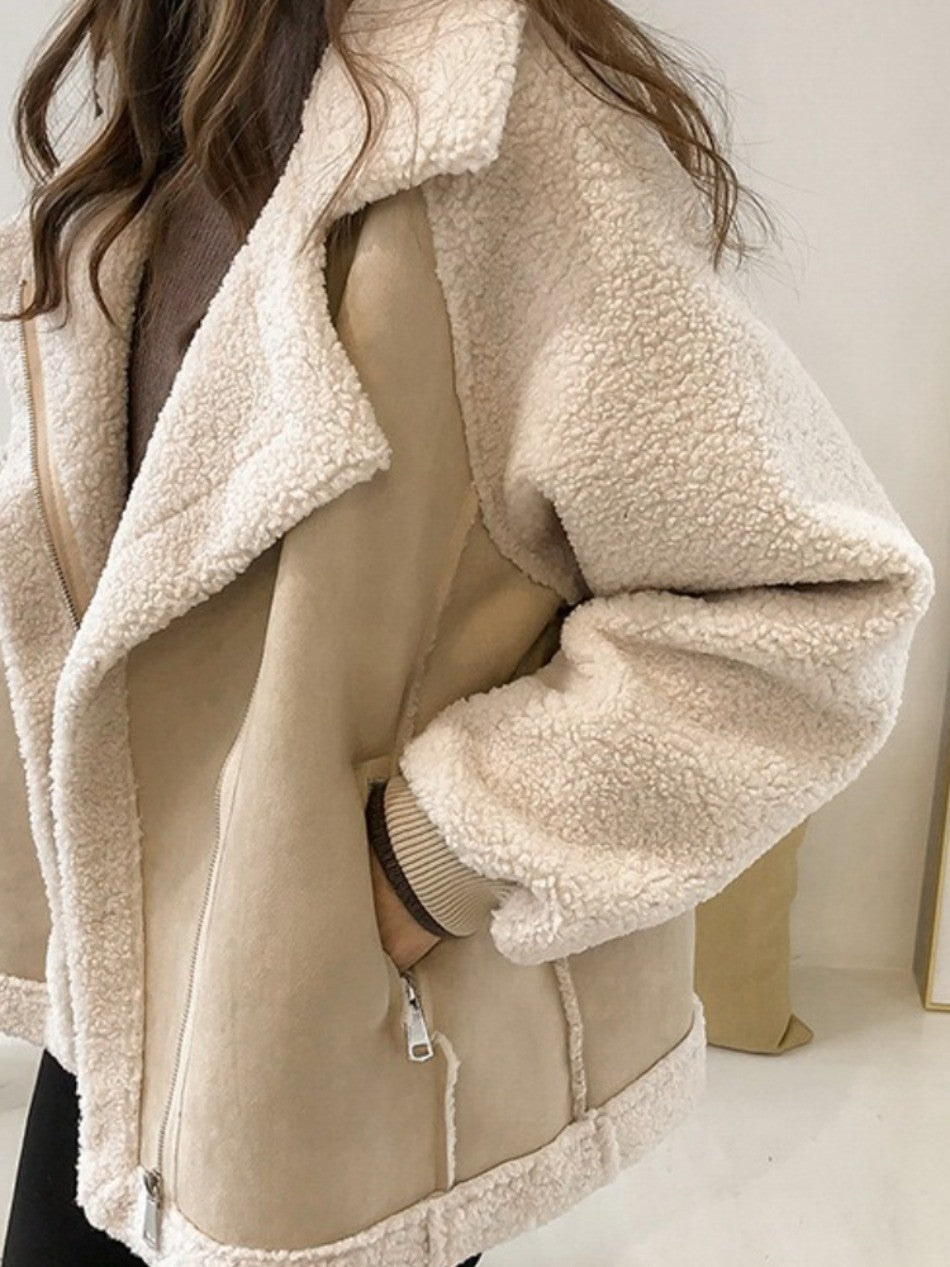 Autumn Winter New in Loose Retro Fur Integrated Suede Jacket Women's Short Casual Warm Lamb Fleece Motorcycle Jacket Tops