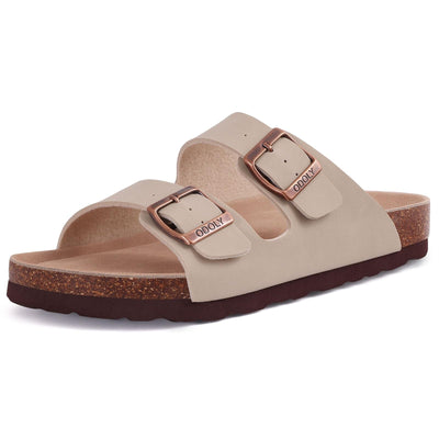 Shevalues Men Classic Leather Sandals Fashion Double Outdoor Beach Shoes Comfort Unisex Cork Footbed Slippers With Arch Support
