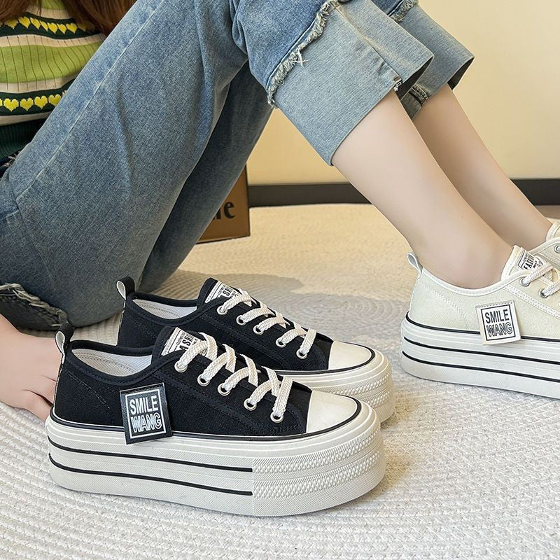 2024 New Women's Black Platform Canvas Sneakers Lace-up Comfortable Shoes Fashion Outdoor Multi-functional Sports Canvas Shoes