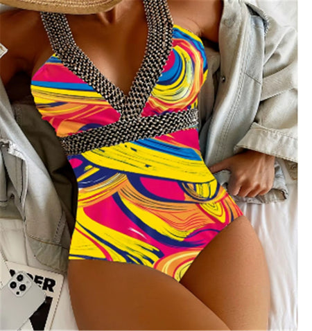 Vigoashely 2025 Sexy Print Strapped Swimwear Women Push UP One Piece Swimsuit Monokini Backless Hollow Summer Bathing Suit
