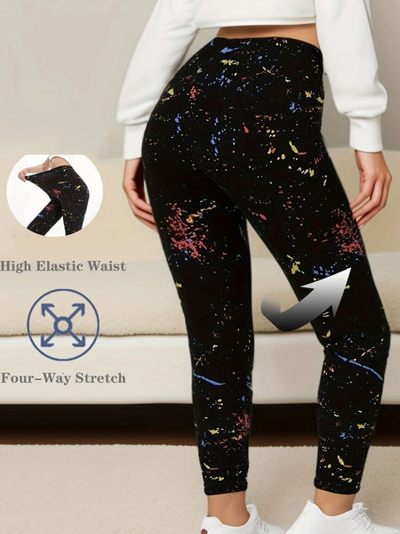 CUHAKCI Black Inkjet Plus Size Sports Tight Women's Leggings High Elasticity Casual Fitness And Ankle Nine Point Pants