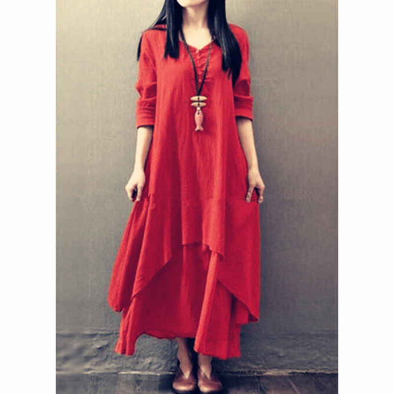 Summer Women Boho Vintage cotton and linen pocket dress Fake Two-piece Literary Irregular Large Swing Dress Robe double-layer