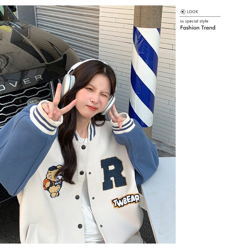 New Autumn and Winter Padded Baseball Jersey Women American Retro Loose Sweater Women Jacket