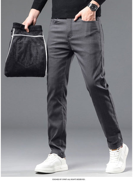 Fleece Pants Men's Winter Thick Slim Elastic Business Casual Velvet Pants Warm Fashion Solid Color Plush Trousers Male