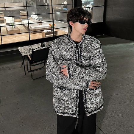 Korean Fashion Shiny Sequin Jacket Sliver Round Collar Long Sleeve Jackets Coats Autumn New Ladies Gentleman High Street