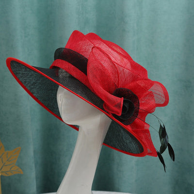 Double hemp yarn pattern design feather accessories big brim sun hat elegant banquet hat wedding beach vacation equestrian hat