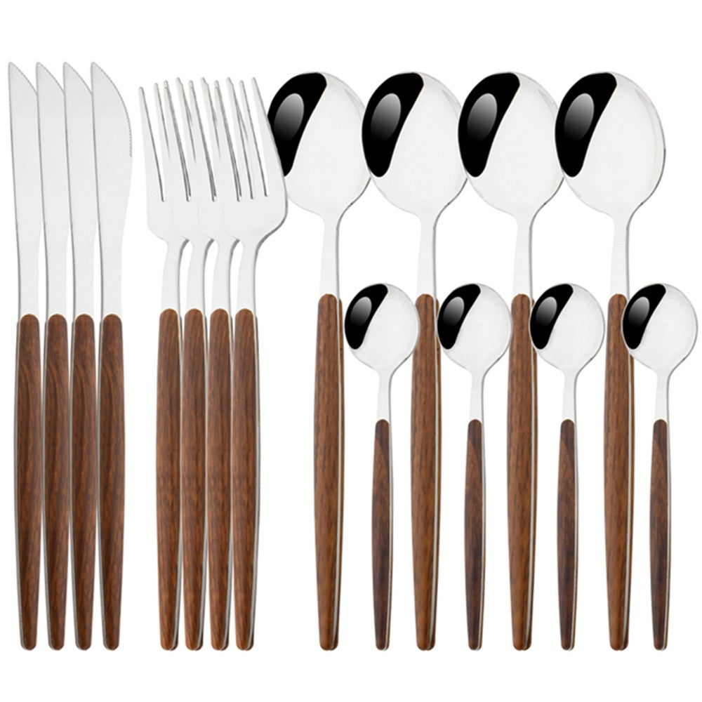 16/24/36Pcs Dinnerware Set Stainless Steel Imitation Wooden Handle Clamp Western Knife Fork Spoon Cutlery Tableware Silverware