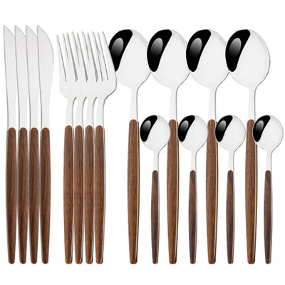 16/24/36Pcs Dinnerware Set Stainless Steel Imitation Wooden Handle Clamp Western Knife Fork Spoon Cutlery Tableware Silverware