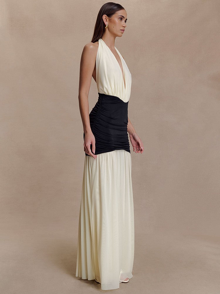 Mozision Patchwork Halter Backless Sexy Maxi Dress Women Gown Elegant Deep V Neck Sleeveless High Waist Bodycon Club Party Dress