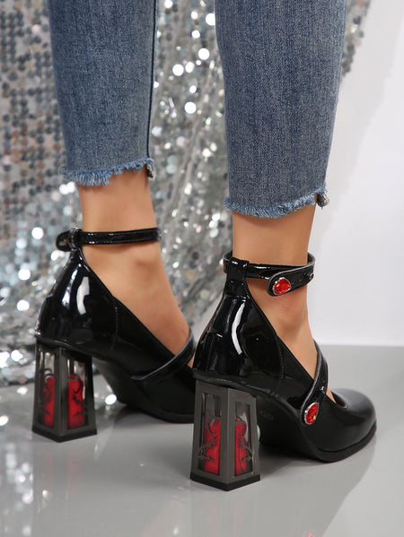 2025 Womens Plus-Size Mary Jane Shoes French Retro Chunky Heel Pumps Rose Square Heel Comfort Cushion for Casual Elegant Styling