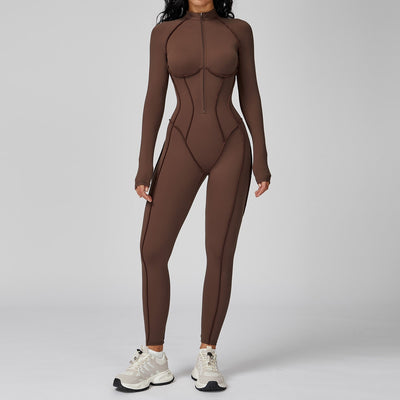Women's Yoga Jumpsuit Long Sleeved Stand Collar Half Zip High-Intensity Workout One Piece Contrast Color Gym Fitness BodySuit