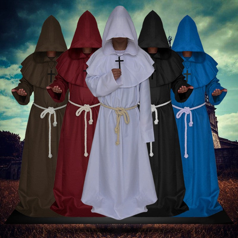 Halloween Wizard Cosplay Medieval Monk Hooded Robe Costume Mask Hat For Men Steampunk Priest Horror Masquerade Unisex Cloak Cape