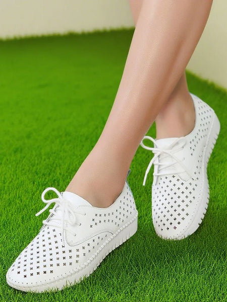 Genuine Leather ladies flats sneakers shoe Women casual loafers shoes female Hollow moccasins White Lace up canvas Boat shoes