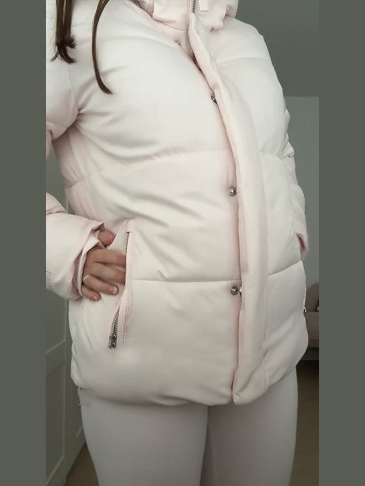 Pink Women's Jacket With Hat Zipper Pockets Inner Faux Fur Solid Female Jackets 2025 Autumn Winter Fashion Chic Lady Outwears