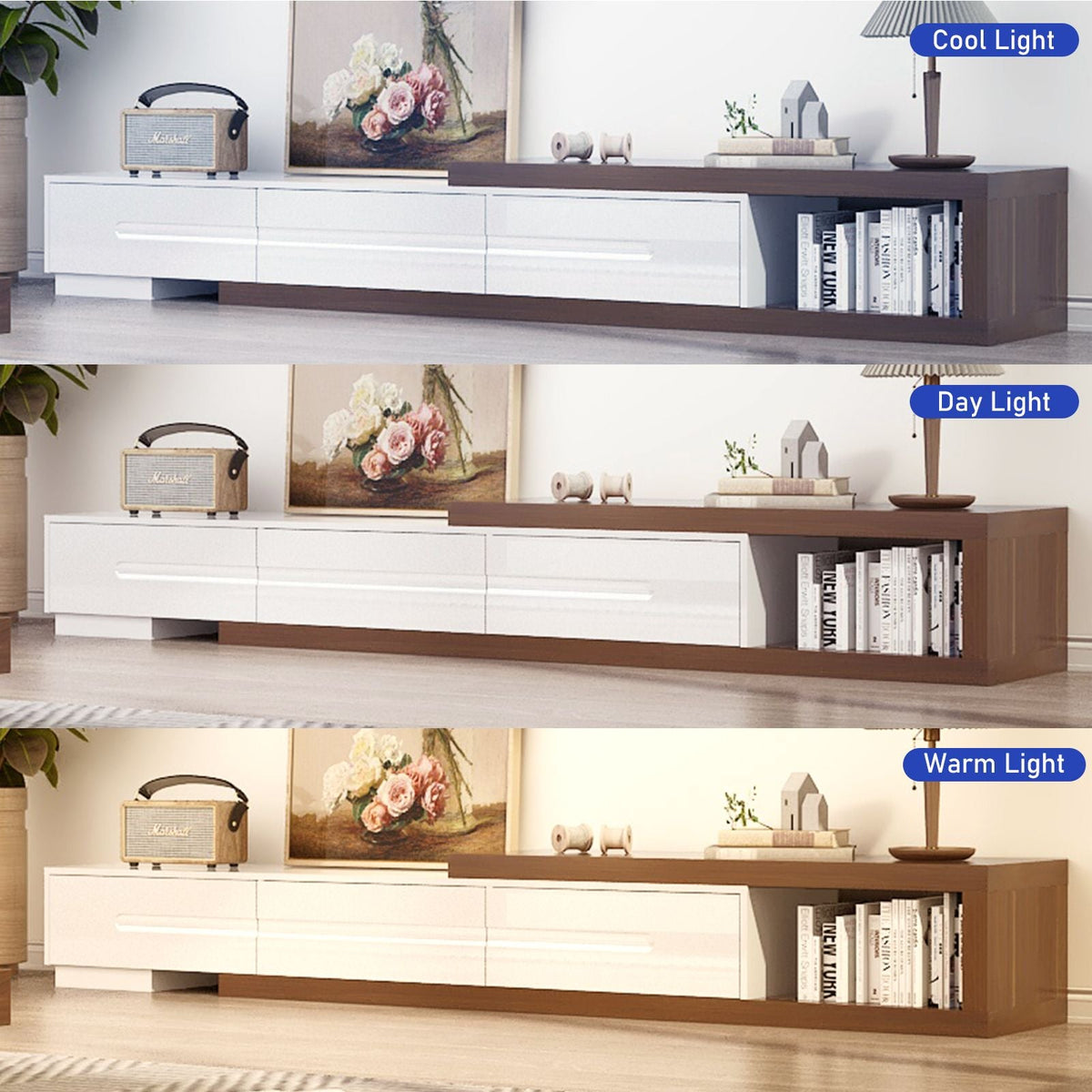 82-110'' Extendable TV Stand for Up to 120"TV, Wood Reversible TV Media Console w/3 Drawers & Open Storage Shelf for Living Room