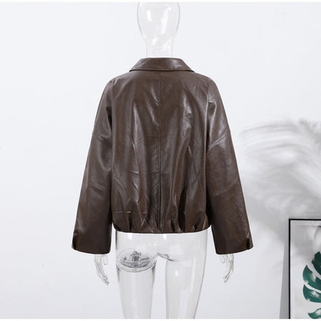 Street Stand Collar Women's Leather Jacket Loose Long Sleeve Zipper Pockets Chic Female Coats 2025 Autumn Winter Lady Outerwear