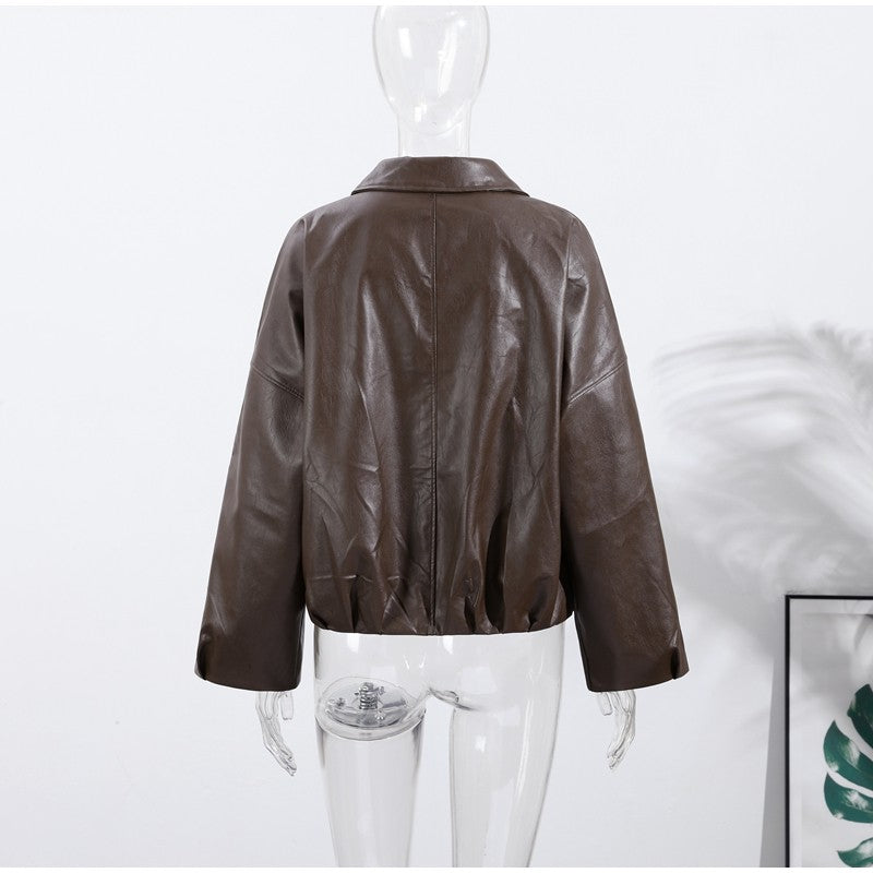 Street Stand Collar Women's Leather Jacket Loose Long Sleeve Zipper Pockets Chic Female Coats 2025 Autumn Winter Lady Outerwear