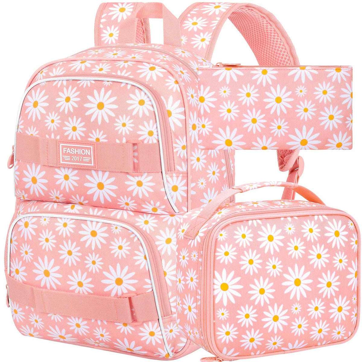 3PCS Daisy Girls Backpack, 17 Inch Laptop School Bookbag Teen College Water Resistant Kids Backpacks with Lunch Box Set - Grey