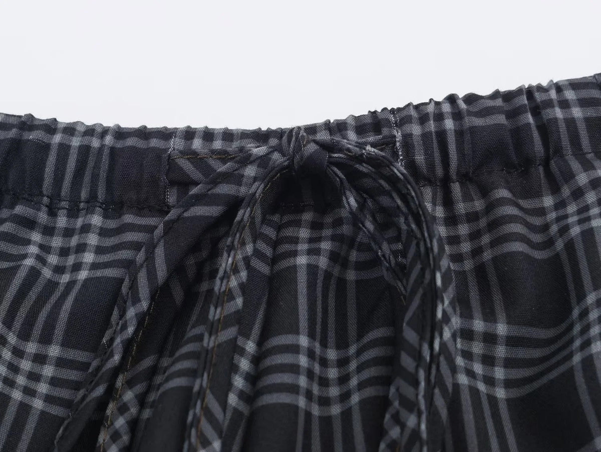 Women's 2025 Autumn Fashion Versatile Ramie Bloomers Plaid Printed Loose Pants Female High-Waist Drawstring Casual Trousers