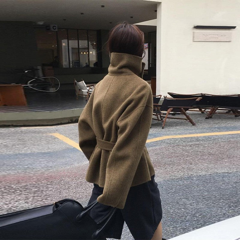 Woolen Solid Women Coat Fashion Belt Patchwork Lace Up Full Sleeve Lapel Lady Jacket 2025 Autumn Winter Female Loose Streetwear