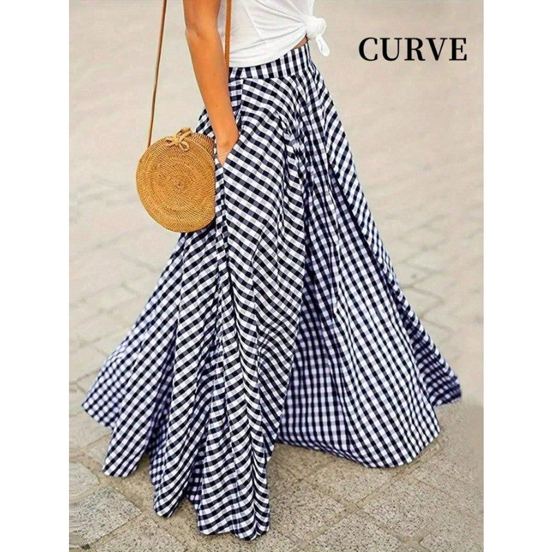 Plus Size Elegant High-Waisted Long Dress For Women Summer Commuting Plaid Big Skirt Wide Leg Design Female Fashion