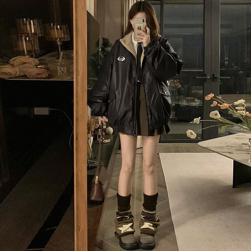 Maillard Fashion PU Leather Jacket With Lambswool Coat Both Sides Female Y2K Winter New Velvet Locomotive Cotton-padded Jacket
