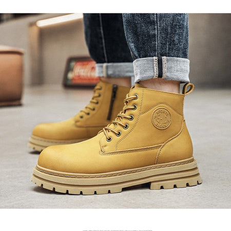 New winter men's shoes rain boots motorcycle leather shoes plush warm outdoor leisure high-top lace-up women's boots
