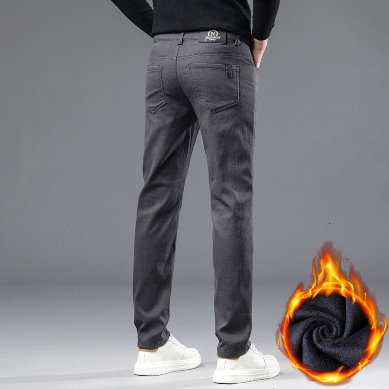 Fleece Pants Men's Winter Thick Slim Elastic Business Casual Velvet Pants Warm Fashion Solid Color Plush Trousers Male
