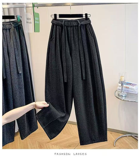 2025 Autumn Winter New All-match Fashionable Solid Color Elastic Waist Wide Leg Pants Women Clothes Casual Drawstring Trousers