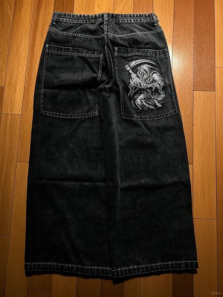 NEWVintage Retro Gothic Grim Reaper Cartoon Printed Graphic Jeans Man and Woman     Hip Hop Low Waist Wide Leg Trousers Clothing
