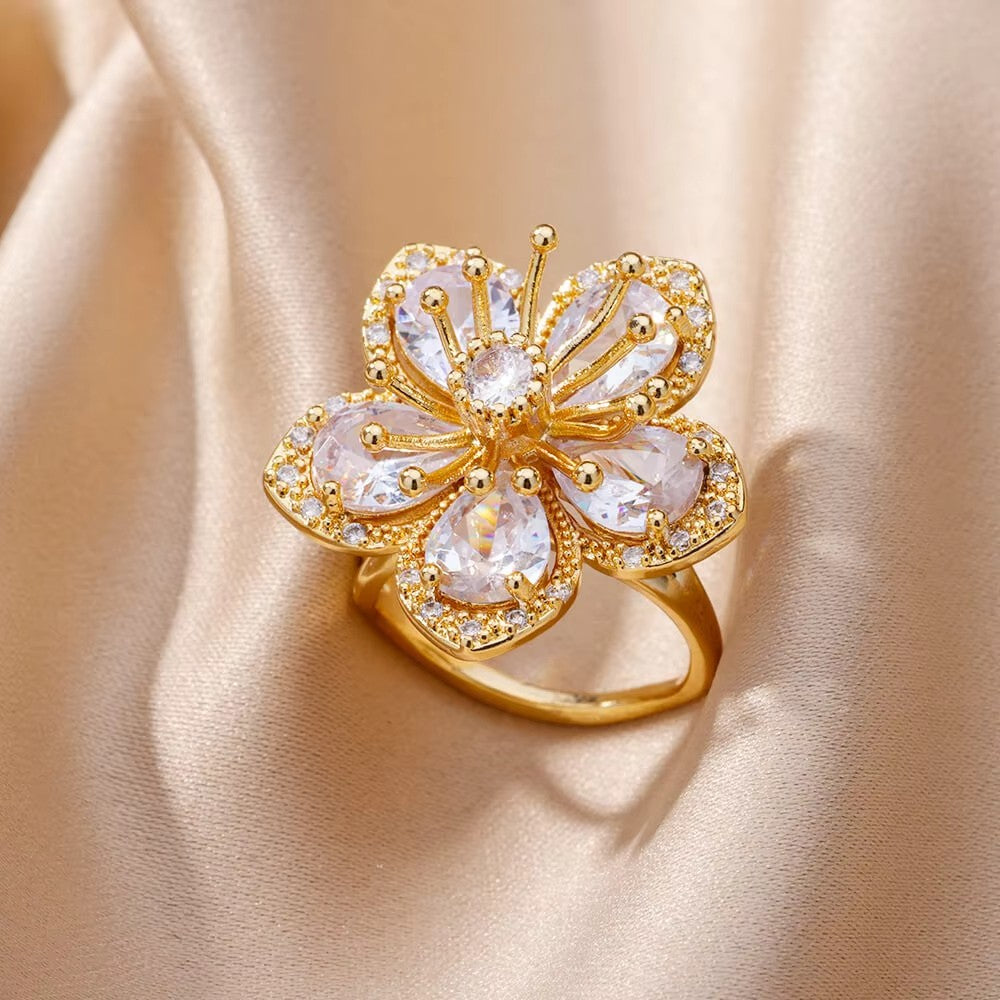 Luxury Stainless Steel Rings Gold Plated Colorful Stone Zircon Crystal Heart Ring For Women Wedding Boho Jewelry Christmas Gift