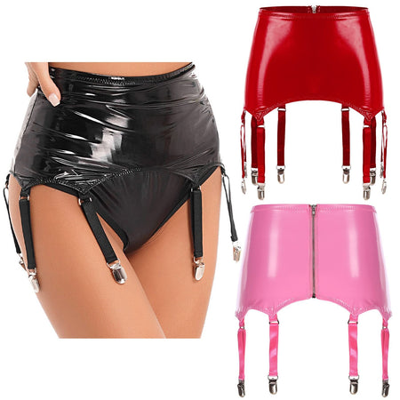 Womens Garters Latex Skirts Ladies Suspender Belt Wet Look Patent Leather Mini Skirts Garters with Metal Clips Clubwear Costume