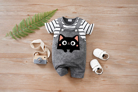 IURNXB Newborn Baby Romper Summer Cat Printed Short Sleeve Stripe Jumpsuit Infant One Piece Outfit for Boys Girls Unisex 0-18M