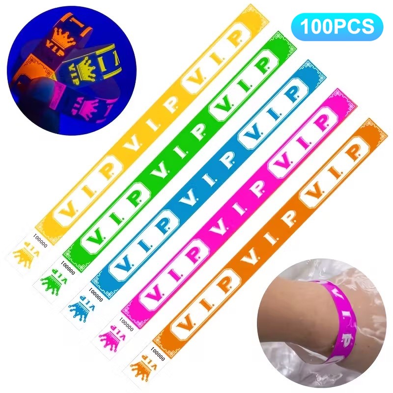 100pcs VIP Neon Paper Bracelets Fluorescent Waterproof Disposable Bracelets Tamper-Proof For Parties, Music Festivals & Events