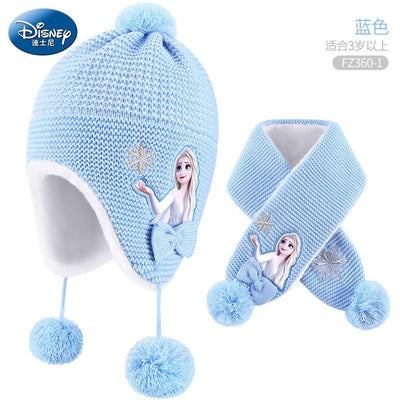 Disney Elsa Cartoon Cute Student Hat and Scarf Creative Kawaii Girls Princess Winter Warm Three-Piece Set Christmas Gift