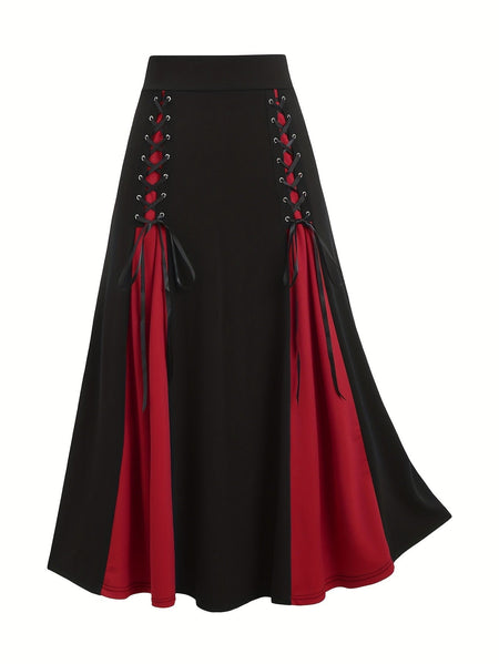 European and American fashion women's plus-size skirt color matching buttonhole lace-up high waist A-line skirt