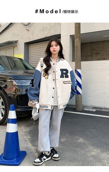 New Autumn and Winter Padded Baseball Jersey Women American Retro Loose Sweater Women Jacket