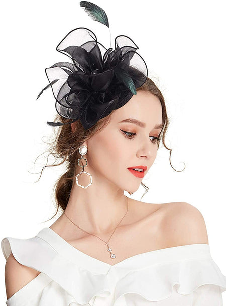 New Women's Organza Fascinators Feather Flower Kentucky Derby Hat Headdress Pillbox Hat for Wedding Tea Party Headwewar Clips