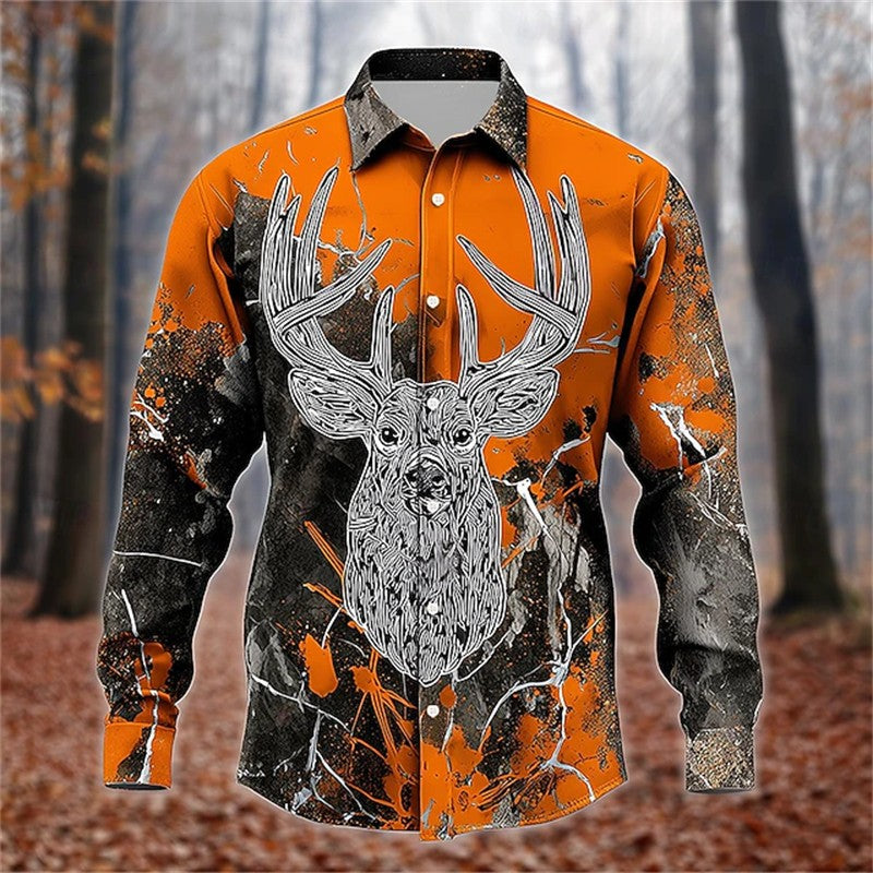 Retro Men's 3D Reindeer Print Shirt Men's Long-sleeved Shirt Breathable Casual Button Loose Top Ethnic Retro Lapel Shirt