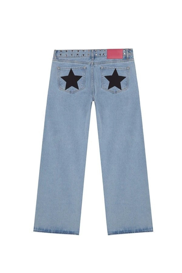 Y2K Women's Straight Leg Jeans Personalized Lucky Star Texture Retro Baggy Jeans Stylish High Street Willow Nail Low Waist Jeans