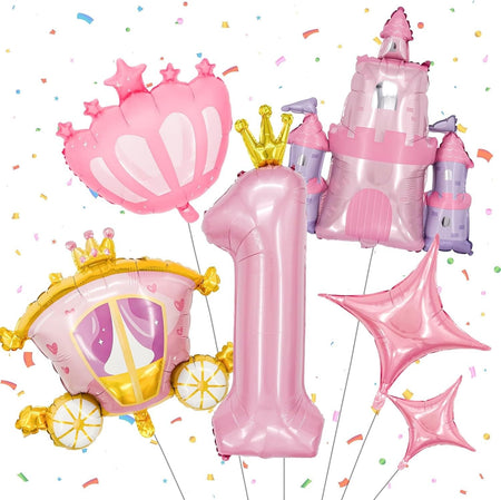 6-Piece Princess Theme Party Decoration Set: Princess Carriage + Pink Castle + 40-inch Numbers + Crown Heart + Star Foil Balloon