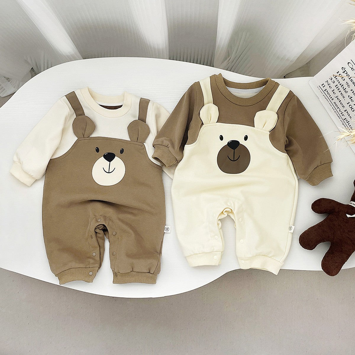 Autumn Baby Bodysuit Little Bear Pattern Dual Color Long Sleeve Warm Jumpsuit Baby Clothes Baby Boys Girls Romper 0-2 Years Old