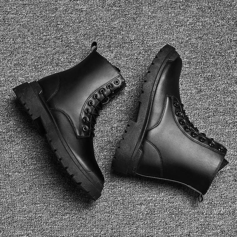 Black Men's Casual Leather Boots Fashion Winter Men Work Boot Mens Shoes Non-slip Designer High Top Ankle Boots Motorcycle Shoes
