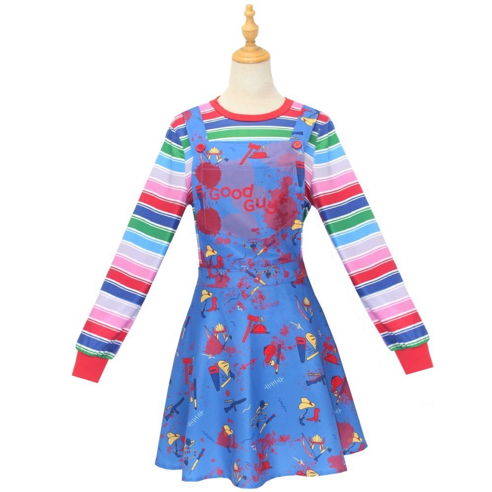 Movie Horror  Chucky  Adult Chucky Cosplay Costume with Striped Shirt and Jumpsuit for Chucky Overalls Halloween Costumes