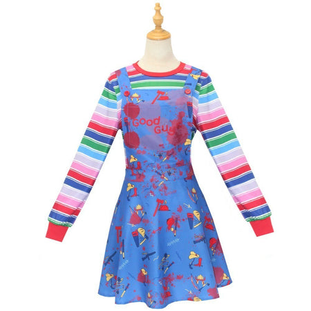 Movie Horror  Chucky  Adult Chucky Cosplay Costume with Striped Shirt and Jumpsuit for Chucky Overalls Halloween Costumes