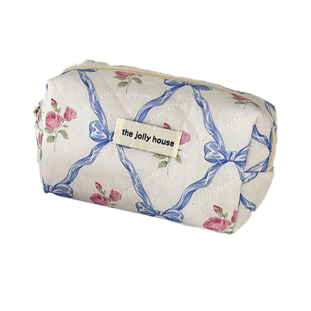 Cute Bow Flower Cloth Handbag Quilting Cotton Makeup Bag Women Zipper Cosmetic Organizer Portable Toiletry Case for Girls