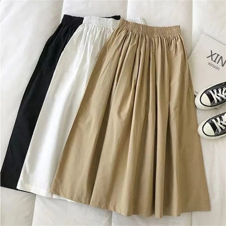 Women Solid Long Skirt Fashion Pockets Pleated Knee Length Skirts Autumn 2025 New Casual Elegant High Waist A Line Femme Skirts