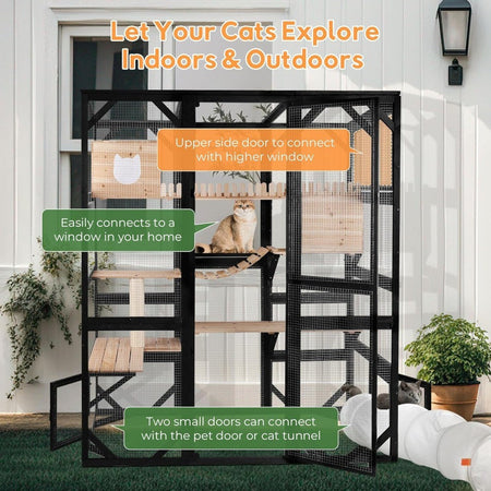 Large Cat Catio Outdoor Window Enclosure 73" Wooden Cat House Attached to Window Catio for Cats Walk in Kitty Kennel with Large