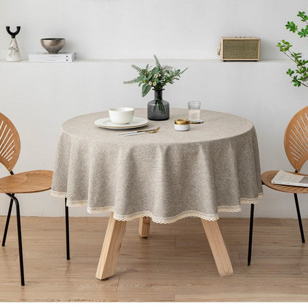 Large Round Tablecloth Solid Color Cotton Linen Waterproof Table Cloth Oil-Proof Table Cover for Kitchen Garden Restaurant